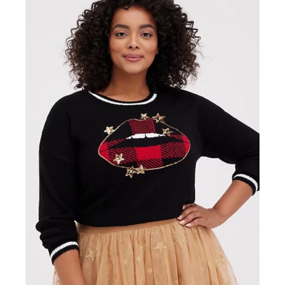 LOWEST🌺 NWT TORRID 5X-2X 1X-0X-or 00 BLACK w/GOLD STARS SWEATER - Picture 2 of 11